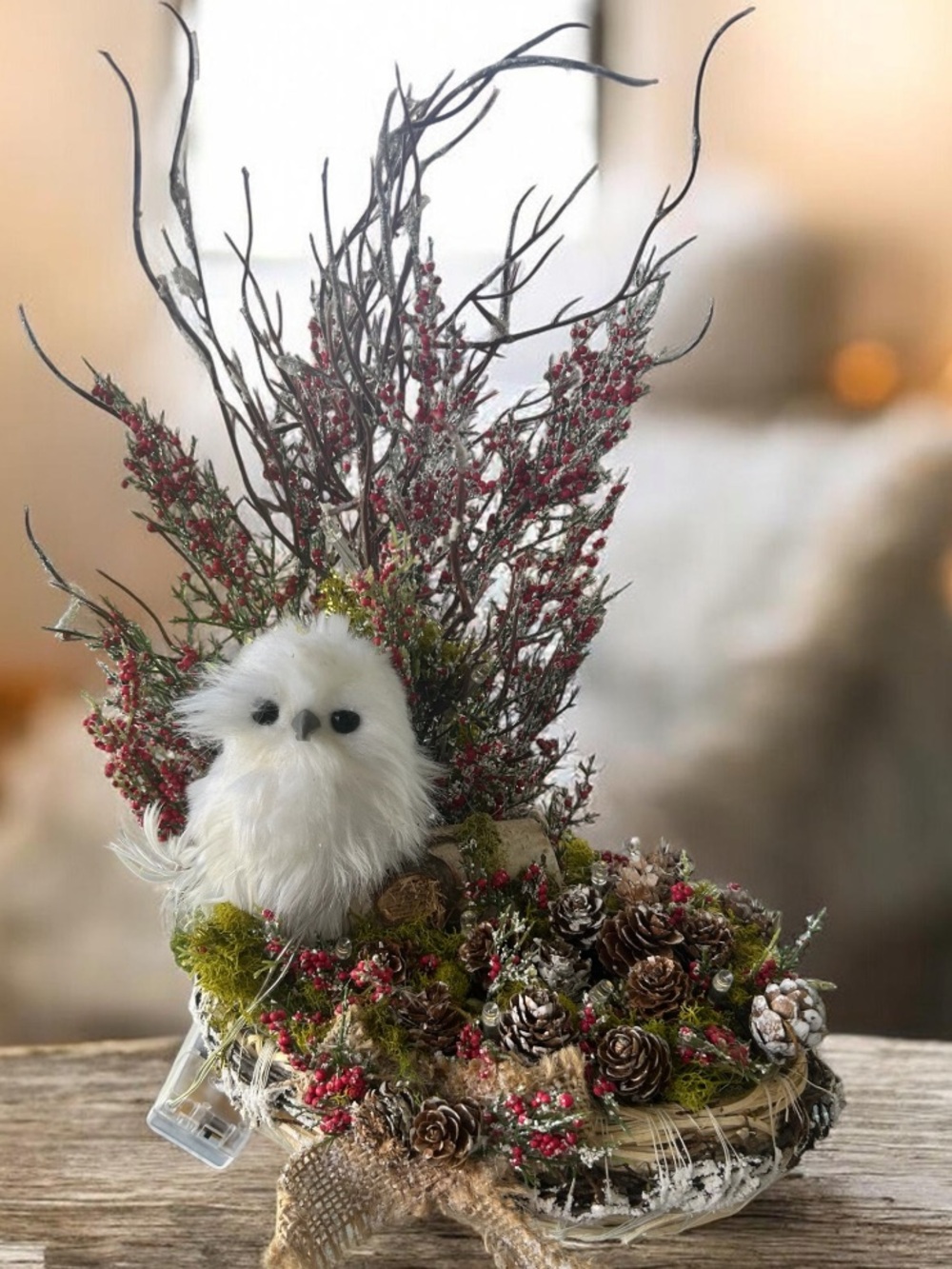 Handmade Lighted Winter Owl Centerpiece/Rustic Woodland/Christmas